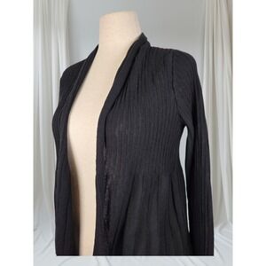 Eileen Fisher Black Wool Ribbed Cardigan Womens M Lightweight Open Front Sweater